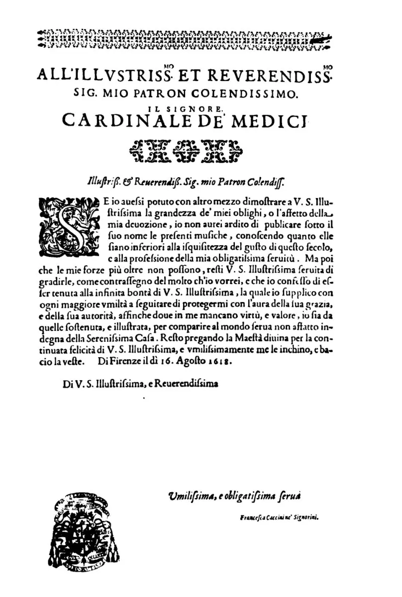 Dedication page of Francesca Caccini's Il Primo Libro delle Musiche