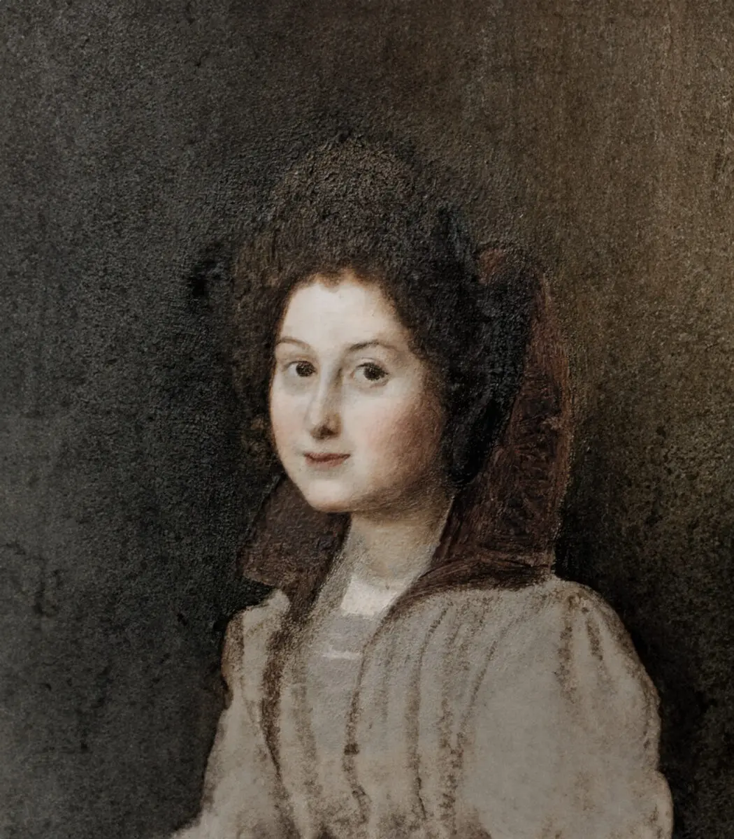 A painting presumed to be of Francesca Caccini, painted by Allori. Francesca, a young woman with frizzy hair, sits for the painter in a daydress with a large collar.